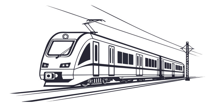 Modern electric train traveling on railway tracks with overhead power lines