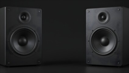 Fototapeta premium Two black audio speakers stand in a dark room, facing the viewer on either side