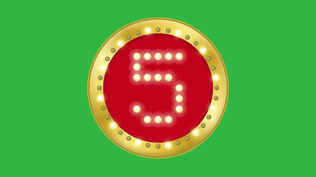 Ten Second Retro Casino Vintage Light Bulb Countdown Timer In Golden Oval Frame On Green Screen Background