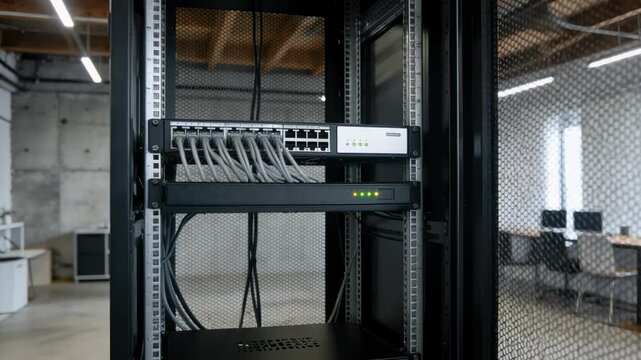 Medium shot of an indoor telecom cabinet in a modern startup loft focusing on a compact rack with a patch panel and modem amid industrialstyle decor.