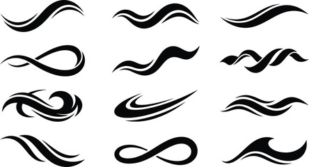 Fototapeta premium Minimalist black vector silhouette icons of abstract wave and wind swoosh shapes, representing dynamic flow, elegant tribal tattoos, and infinity curve design elements.