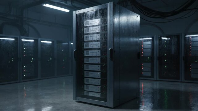 Servers racks in a dimly lit archive room storing licenses on tamperevident blockchain systems with one server in sharp focus and the rest of the room softly blurred.