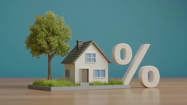 Model of house with tree and large percentage symbol on clean surface, representing finance, investment, or eco‑property themes.