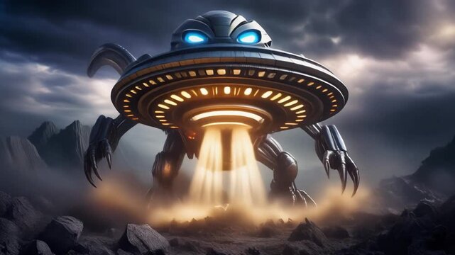 Giant alien monsters invade futuristic city, glowing UFO saucers hover above, beams of light and chaos create epic sci‑fi apocalypse atmosphere.