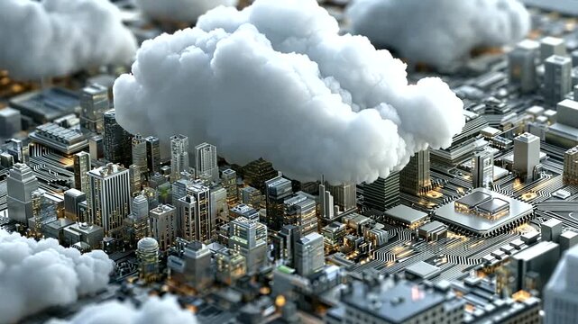 Cityscape with fluffy white clouds floating.