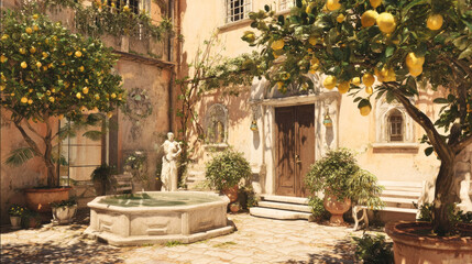 Obraz premium Lemon tree courtyard with stone fountain and classical statue, featuring rustic architecture and vibrant greenery in a Mediterranean-style setting