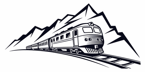 A vintage train traveling through a mountainous landscape with snow capped peaks © Mamun