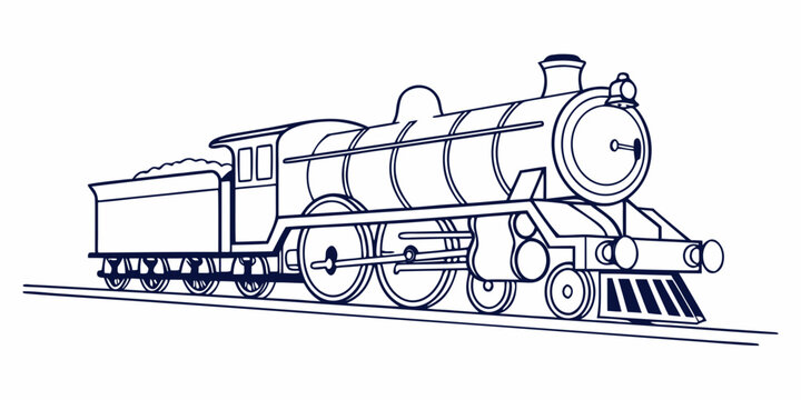 A vintage steam locomotive with a boxcar in a black and white illustration