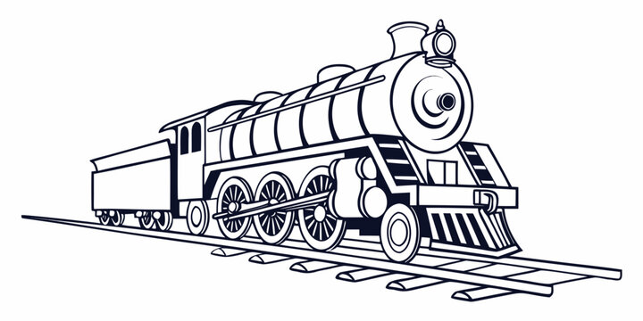 A detailed illustration of a vintage steam locomotive traveling on train tracks