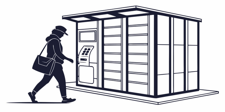 A woman is walking towards a modern, minimalist mailbox structure.