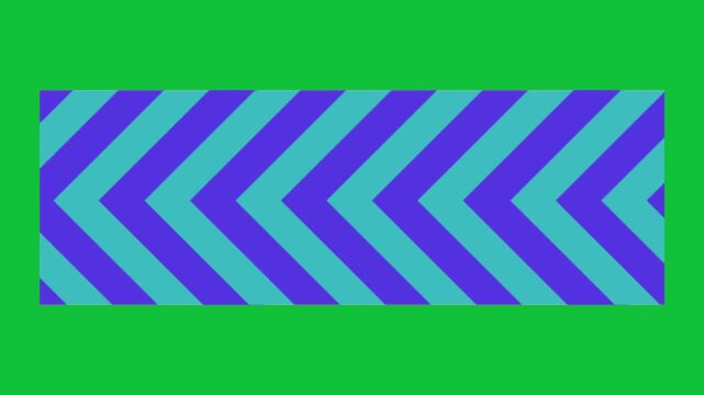 Abstract chevron pattern animation displaying continuous horizontal rightward motion across a solid bright green background in bold purple and cyan stripes motion video footage
