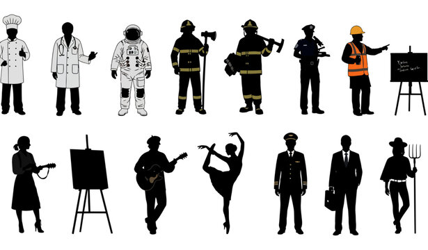 A collection of various common and famous professions in silhouette style_26