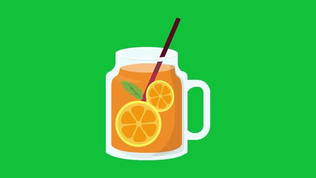 Refreshing, bright orange juice beverage, in a clear glass mason jar mug, featuring dynamic slices of fresh orange and a vibrant mint leaf with a stylish brown straw, presented against a striking gree