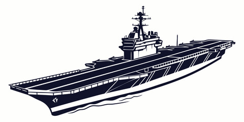 A large aircraft carrier sailing on calm waters with a clear sky. © Mamun