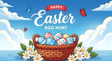 Fototapeta premium Happy easter egg hunt with colorful eggs and butterflies
