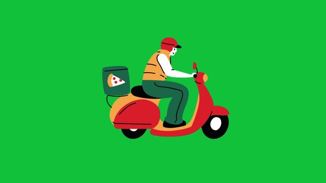 Delivery person riding a bright red scooter with a pizza box mounted on the back rack in motion vector footage animation