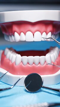 Dental Model and Tools - Close-up shot showcasing a dental model with teeth and gums, accompanied by various dental tools arranged around it.