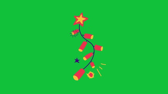 Animated firecracker string chain with star topper exploding in bright sparks celebrating festive occasions in motion video footage