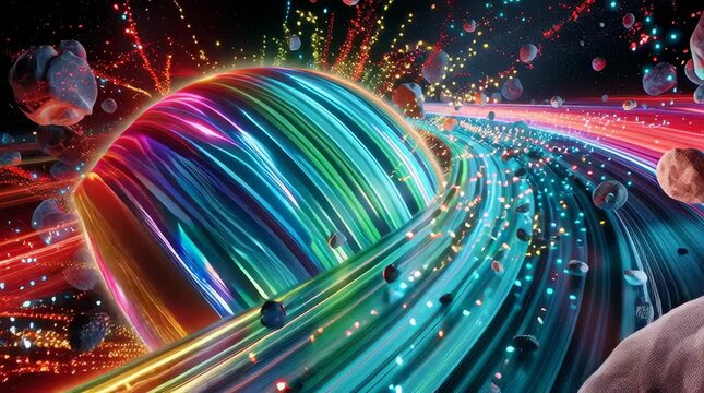 a luminous ribbon of time twisting through space, fragments of different universes and timelines orbiting around it, surreal representation of parallel dimensions, vibrant cosmic colors, glowing parti
