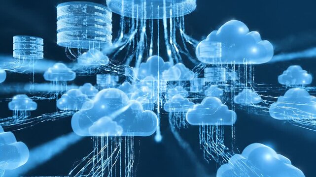 A futuristic video visualization of interconnected cloud computing technology in a virtual space