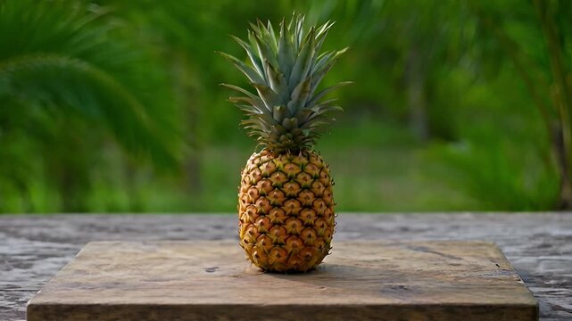 Fresh pineapple on wooden surface with green foliage in background