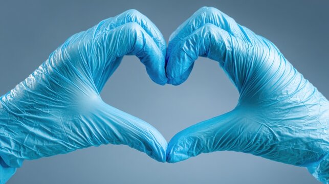 Hands in blue gloves form a heart shape against a grey background to show love and care in health and safety