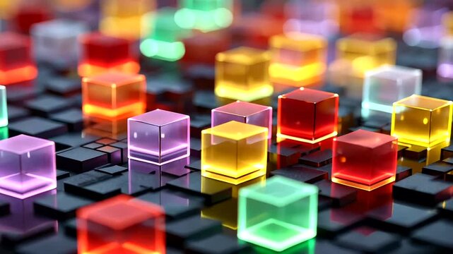 Colorful glowing cubes on grid background.