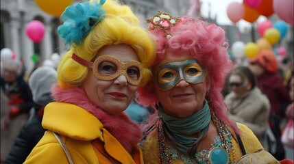 Fototapeta premium Two women wearing colorful wigs and masks at a lively Fasching street celebration, surrounded by people in fancy costumes, capturing festive energy, joy, and vibrant cultural atmosphere.