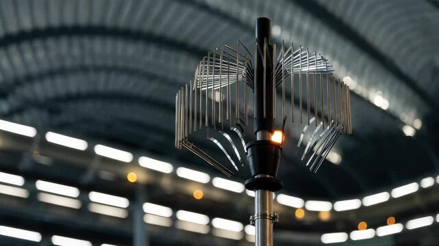 Medium shot of focused DAS antenna in sharp detail against a blurred large stadium concourse ceiling illustrating wireless coverage solutions.