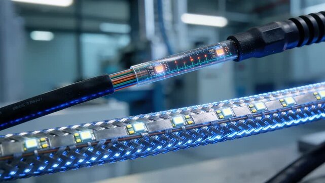 Medium shot of fiber cable sheath with embedded sensors showing strain data main cable in sharp focus with blurred industrial background.