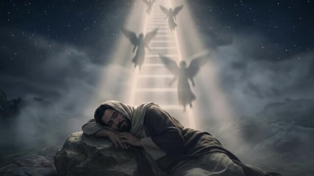 Biblical scene of Jacob's Dream with angels descending a spiritual glowing ladder to sleeping Jacob
