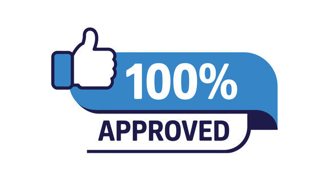 A blue ribbon banner displays 100 approved with a thumbs up icon