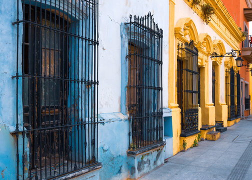 Mexico, Monterrey, colorful historic buildings in the center of the old city, Barrio Antiguo, a famous tourist attraction