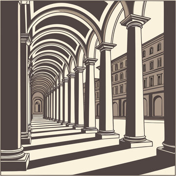 Grand classical colonnade and buildings, perspective view in sepia tones, light and shadow