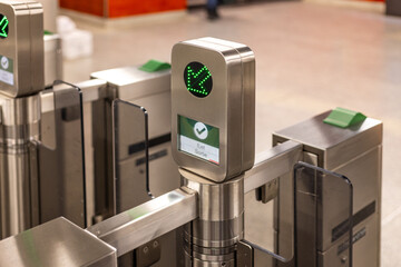 Naklejka premium Subway fare machines. Contactless smart card technology in public transportation