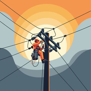 A utility worker in an orange jumpsuit working on a power pole with many electrical wires against a sunset sky.