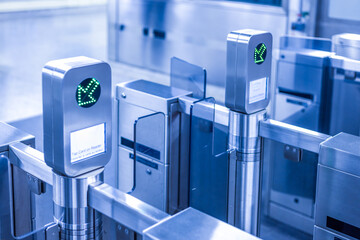 Naklejka premium Subway fare machines. Contactless smart card technology in public transportation