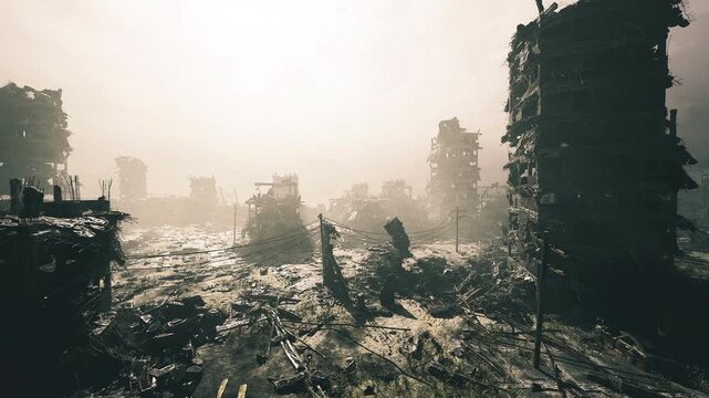 lone scout surveys ruined skyline from rubble plateau, distant towers fading into haze, windswept grass, strategic stance, reconnaissance atmosphere, soft