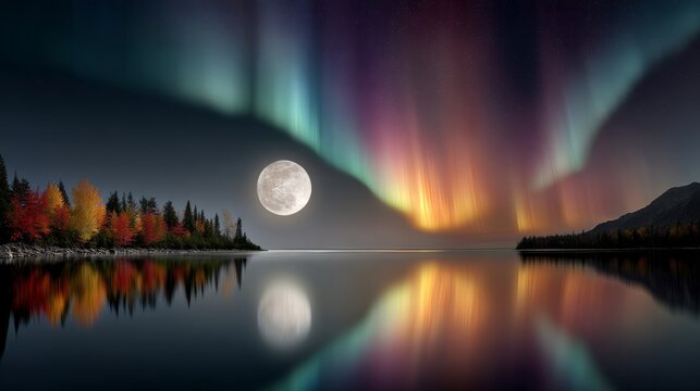 Moonlight reflects on calm lake water. Northern lights glow in vivid greens and oranges. Trees with autumn leaves line the shore. Scene feels peaceful and magical. Perfect for travel, nature