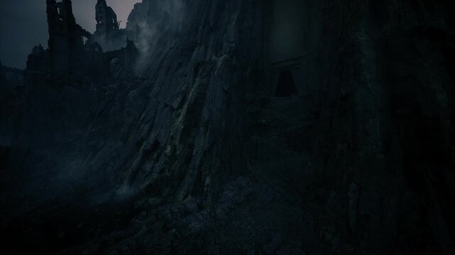 Misty mountain pinnacles loom grandly. Crumbling cliffs surrounded by foggy peaks. Uneven ridge with towering spires enveloped in haze and shadow