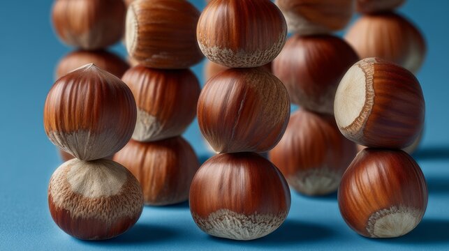 Hazelnuts stack in pyramid shape on blue background. Textures show natural brown shells with some peeled. Image ideal for food, nutrition, or autumn-themed content
