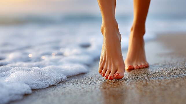 Bare feet step gently on wet sand near ocean foam. Warm light catches toes with red nail polish. Scene evokes calmness, relaxation, and seaside escape. Ideal for travel, wellness