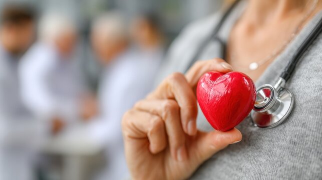 Holding a red heart decoration near a stethoscope in a healthcare setting with other medical professionals in the background