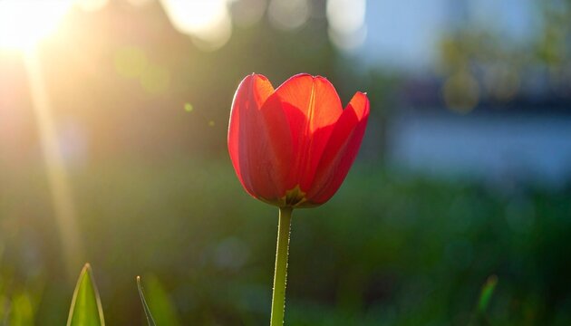Close‑up of vibrant red tulip in full bloom, petals glowing in soft sunlight, blurred green foliage background, warm natural light highlighting delicate translucent structure, symbol of spring and ren