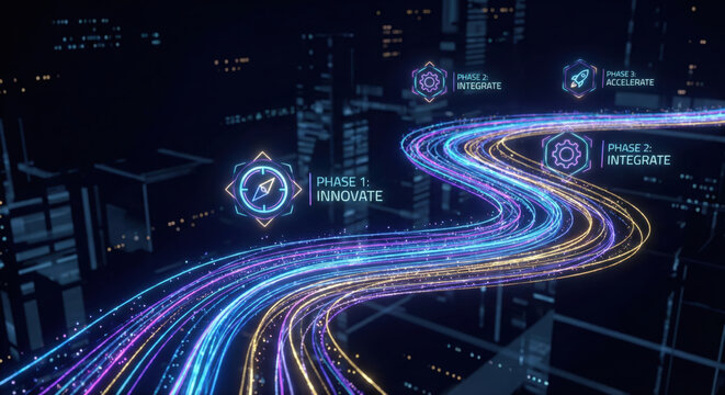 Strategic technology roadmap for business innovate integrate accelerate digital neon trail over cityscape night vision