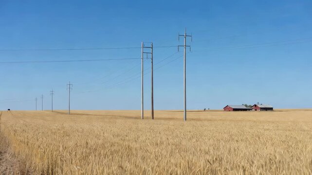 Medium shot featuring tall telecom poles cutting across expansive crop fields under a clear sky with distant barns subtly out of focus