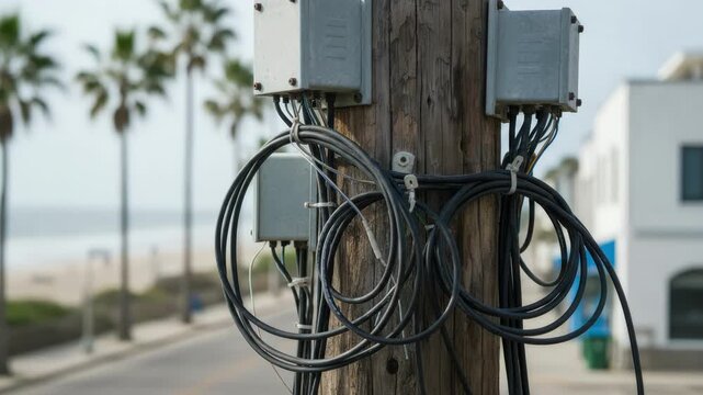 Weathered wooden utility pole with sharply focused ISP junction boxes and cables outoffocus coastal town street scene behind.
