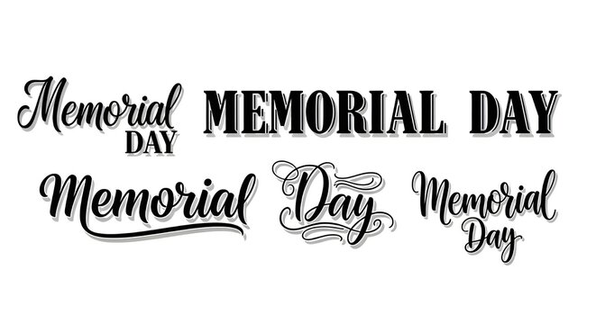 Set of 5 black and white Memorial Day typography designs, featuring various elegant and bold script and serif fonts, perfect for holiday greetings, banners, and digital marketing materials.