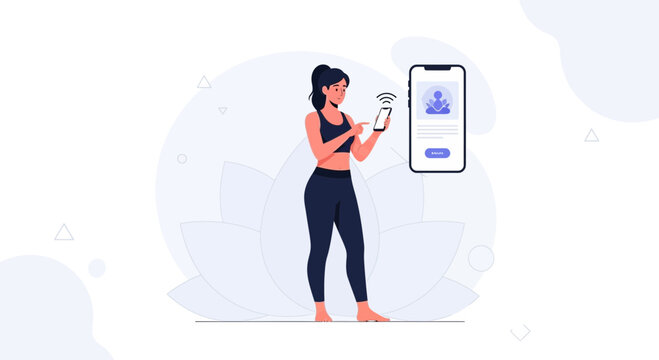 Woman using fitness app on phone, yoga pose background, digital wellness concept