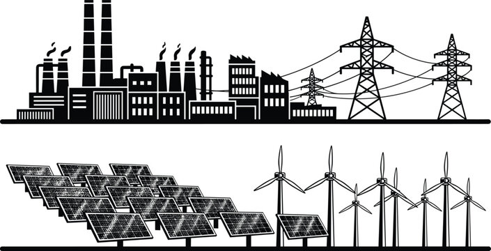 Energy production concept with industrial factory, power lines, solar panels, and wind turbines, renewable and nonrenewable sources comparison, black silhouette vector illustration